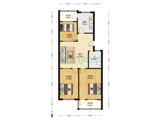 普惠建工宿舍 3室1厅1卫 88平方