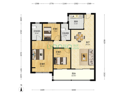 长江悦府 3室1厅2卫 109平方