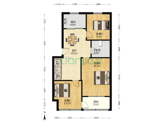 大桥路 3室1厅1卫 86平方