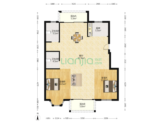 锦江花园 2室1厅2卫 133平方