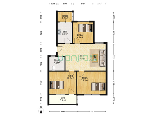 老河务局家属院 3室1厅1卫 89平方