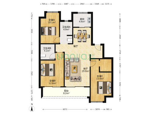 桂语江南 3室1厅2卫 109平方