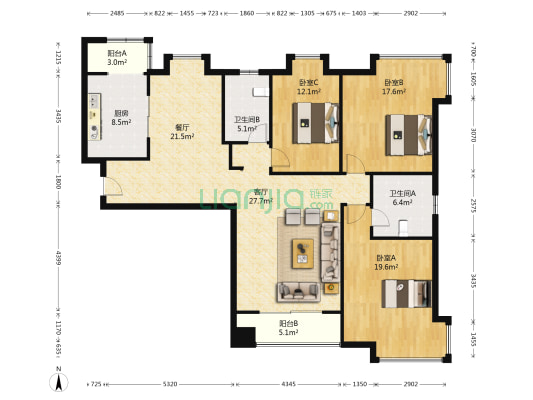 皇冠钻石双星 3室2厅2卫 157平方