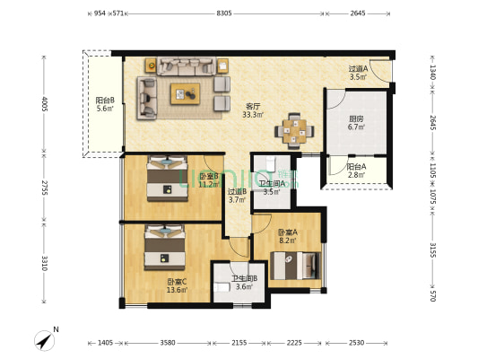 银湖山庄一期 3室1厅2卫 115平方