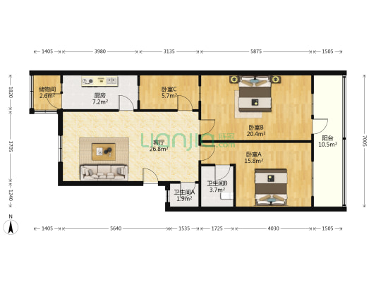 商业小区 3室1厅2卫 115平方