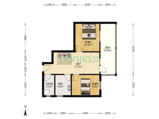 古中市街28号 2室1厅1卫 65平方
