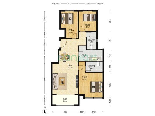 保利城和怡景苑 3室1厅2卫 117平方