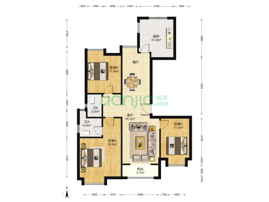 山水天成 3室1厅2卫 134平方