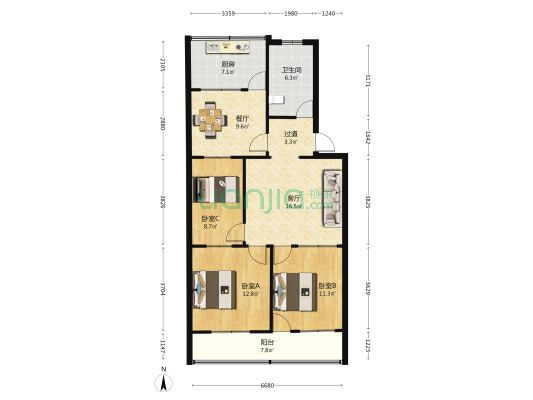 新华书店宿舍 3室2厅1卫 91平方