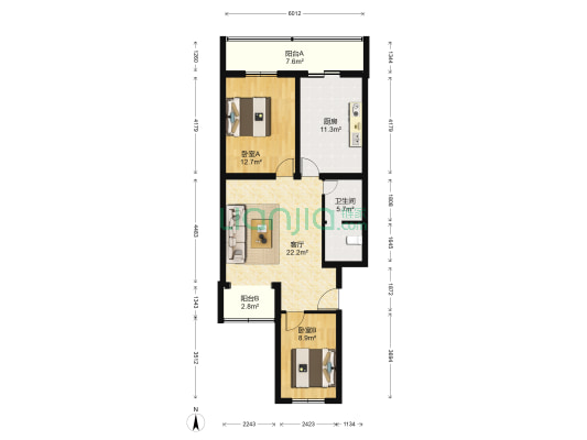 洪福家园 2室1厅1卫 96平方