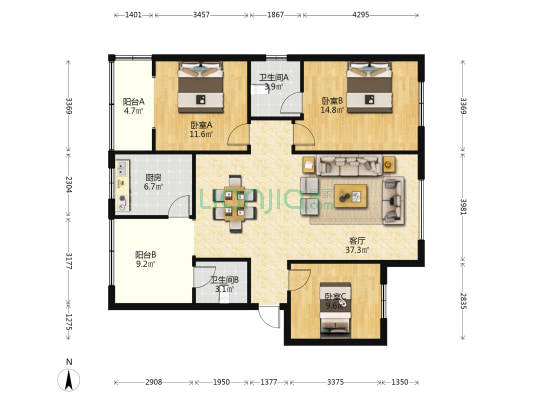 建委甲区宿舍 3室1厅2卫 120平方