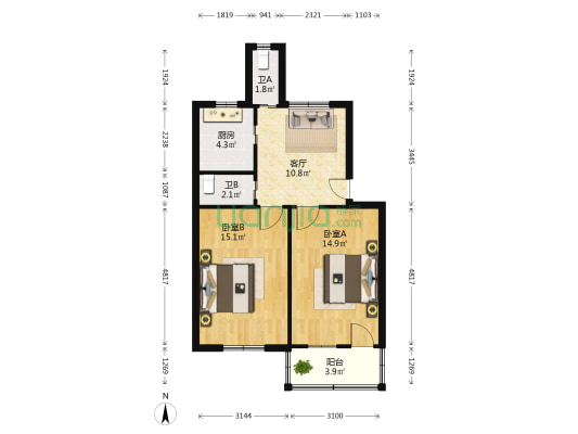 茅盾西路113号弄1号 2室1厅2卫 65平方