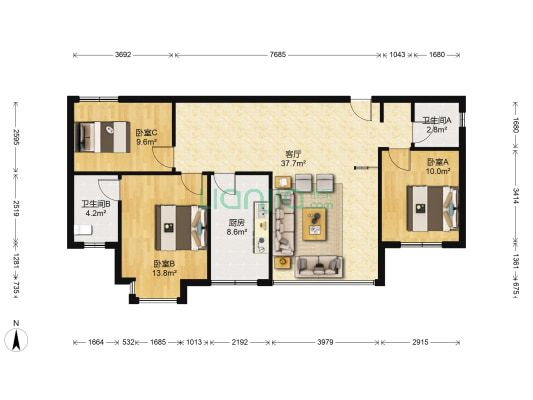 花果园A北区 3室1厅2卫 120平方