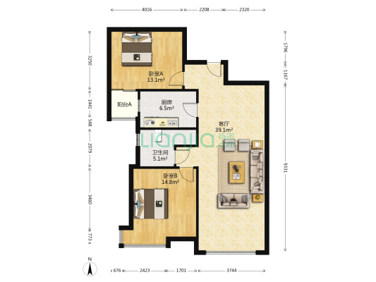 富豪新开门 2室1厅1卫 107平方