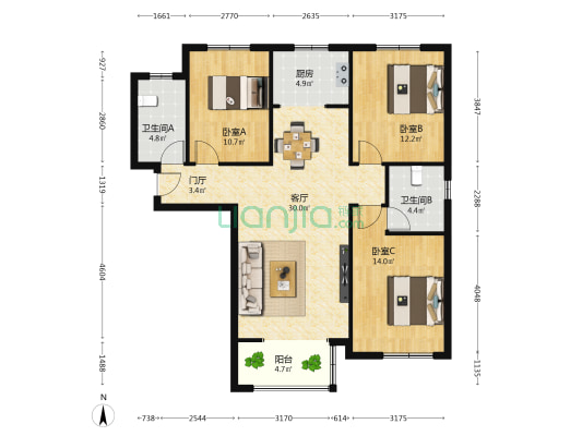 天逸城 3室1厅2卫 123平方