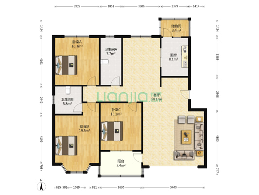 紫缘山庄 3室1厅2卫 159平方