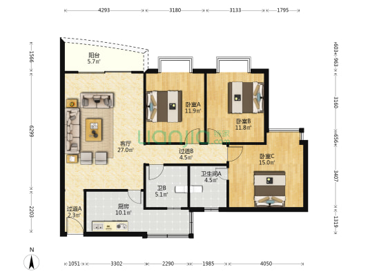 河畔名居 3室1厅2卫 115平方