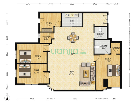 云都虹桥大厦 4室1厅2卫 175平方