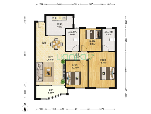 日苑 3室1厅2卫 105平方