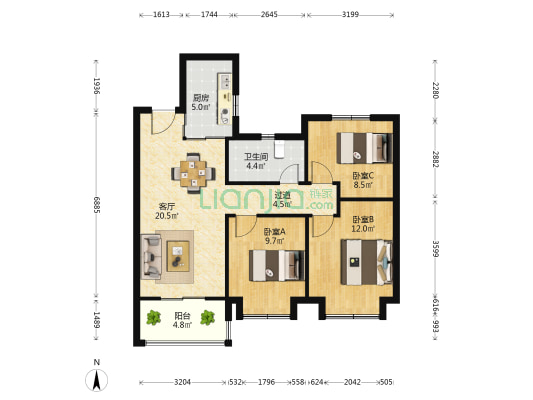 新城光启花苑 3室1厅1卫 96平方