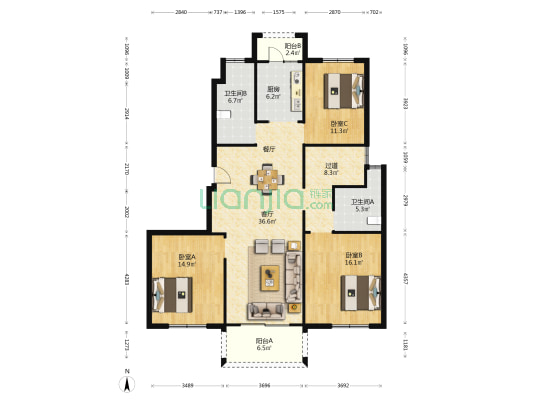 凤凰新城 3室1厅2卫 134平方