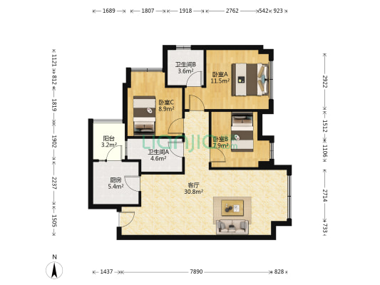 炎华置信上林开府 3室1厅2卫 94平方