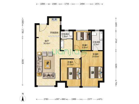 富力东堤湾畔 3室1厅2卫 102平方