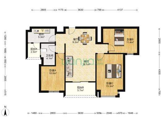 恒大绿洲 3室2厅1卫 111平方