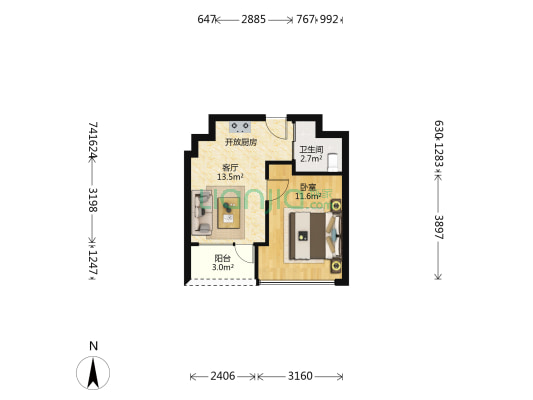 汇德大厦 1室1厅1卫 49平方