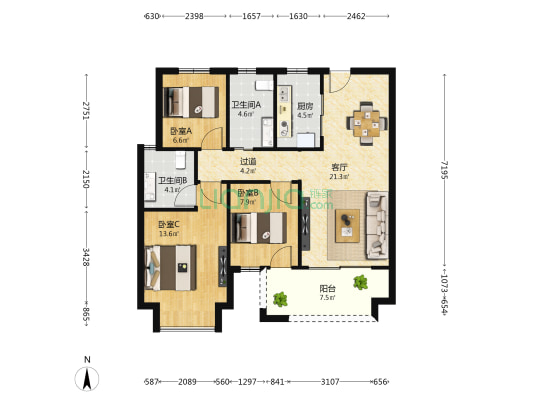 东投国贸海棠之恋 3室1厅2卫 100平方
