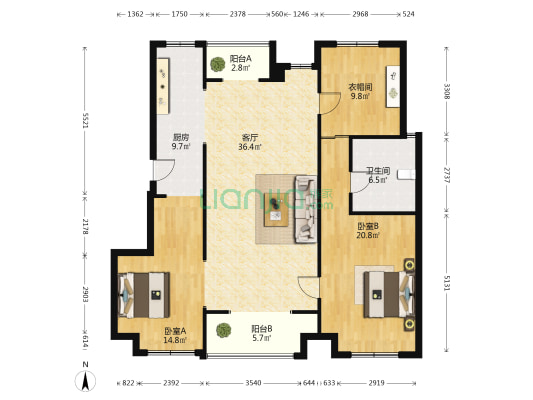 万科大家 2室1厅1卫 124平方