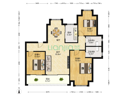 珑府 3室1厅2卫 125平方