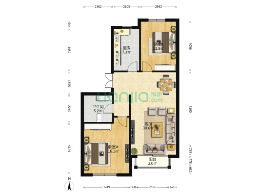 欧景国际 94平两居室 户型通透 采光好-户型图