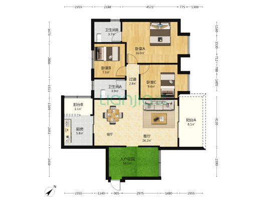 九洲蓝湾 3室1厅2卫 118平方