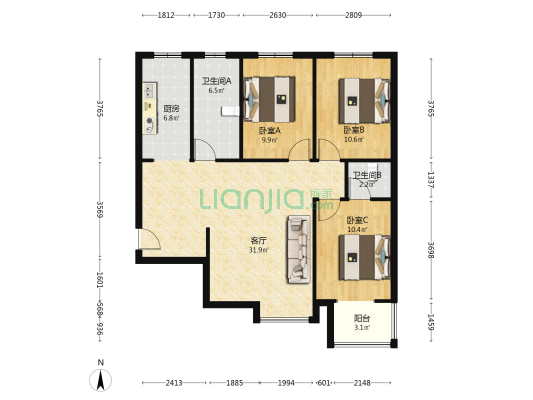 业主诚意出售 三居双卫 全明格局 看房有钥匙-户型图