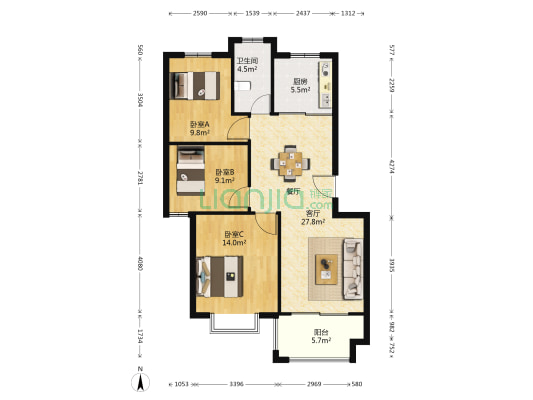 文華名城 3室1厅1卫 91平方