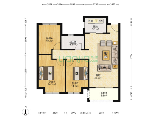 中梁蕴景嘉园 3室1厅1卫 107平方