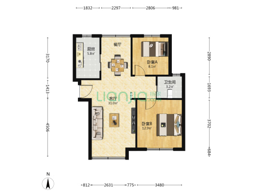 德圣苑 2室1厅1卫 80平方