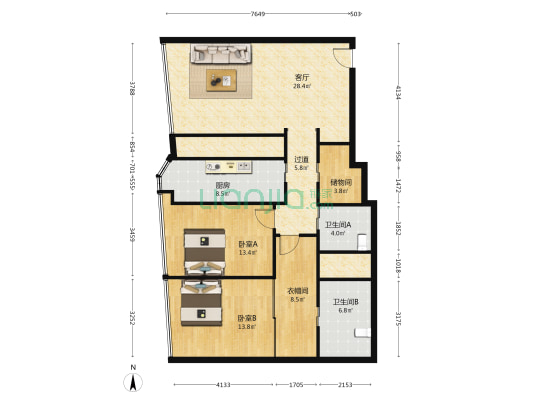 海天中心 2室1厅2卫 153平方