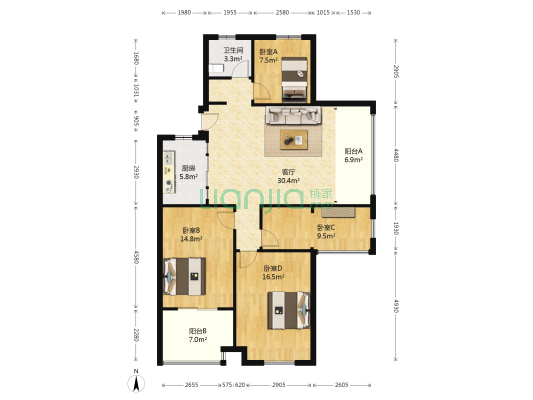 香山壹境 4室1厅1卫 116平方