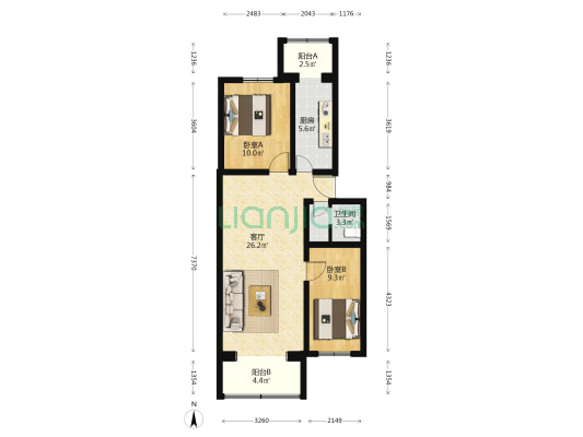 体育场路5号院 2室1厅1卫 82平方