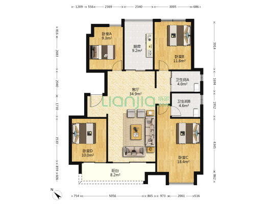 华润琨瑜府西区 4室1厅2卫 127平方