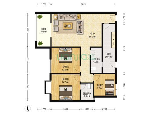 海强佳苑 3室1厅2卫 106平方
