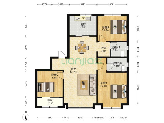 天地源云水天境 3室1厅2卫 143平方