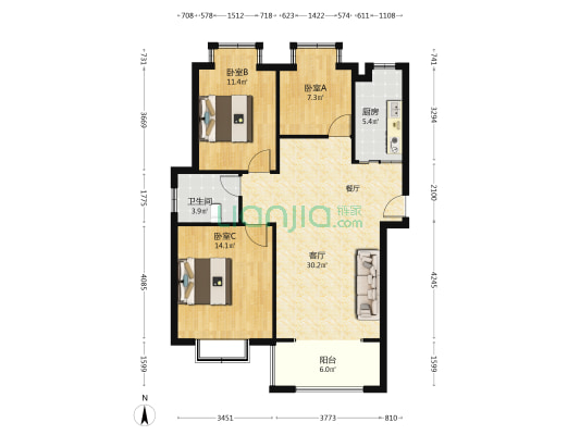 拱辰佳苑东区 3室1厅1卫 106平方