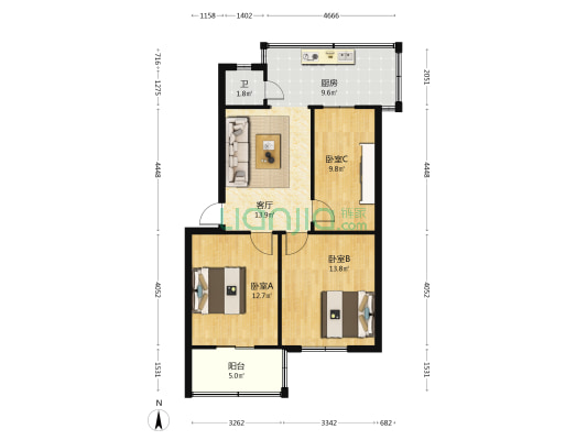 石桥铺55号 3室1厅1卫 62平方