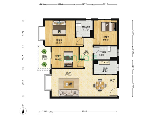中骏天誉1期 3室1厅2卫 110平方