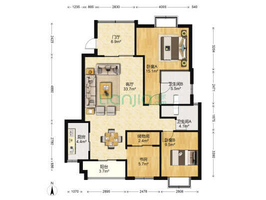 宝龙花园 3室1厅2卫 127平方