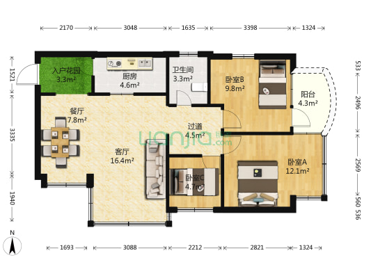 竹苑新村 3室2厅1卫 77平方