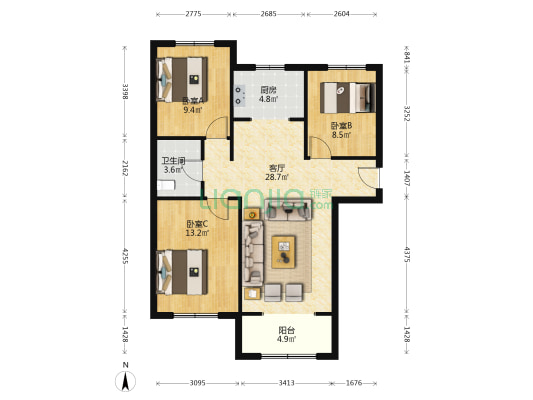 南北通透 名厨明卫三居 全天采光视野开阔-户型图